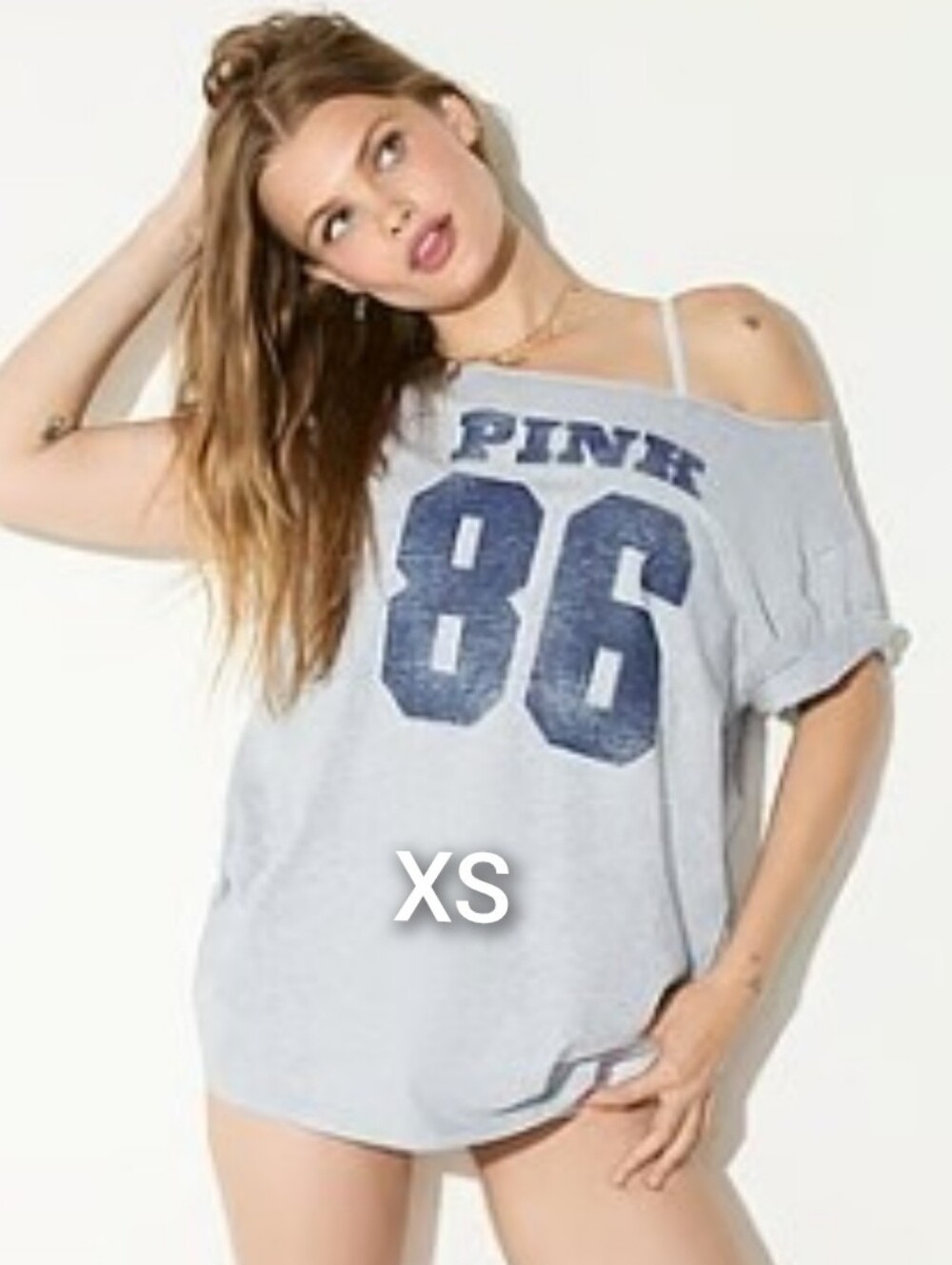 NWT SZ XS VS PINK OFF THE SHOULDER CAMPUS TEE.